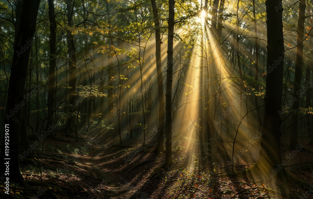 Fototapeta premium Ethereal Forest Scene with Golden Sunlight Streaming Through Trees and Illuminating the Path