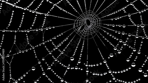 A spider web covered in dew drops.