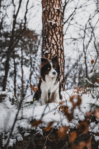 Border Collie w Zimowym Lesie: Magia Śnieżnej Aury photo