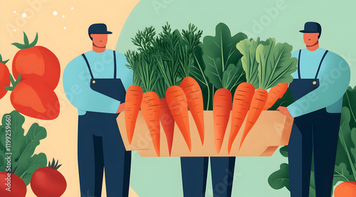 Two farmers carry a wooden crate filled with fresh vegetables like carrots and greens, surrounded by colorful produce.