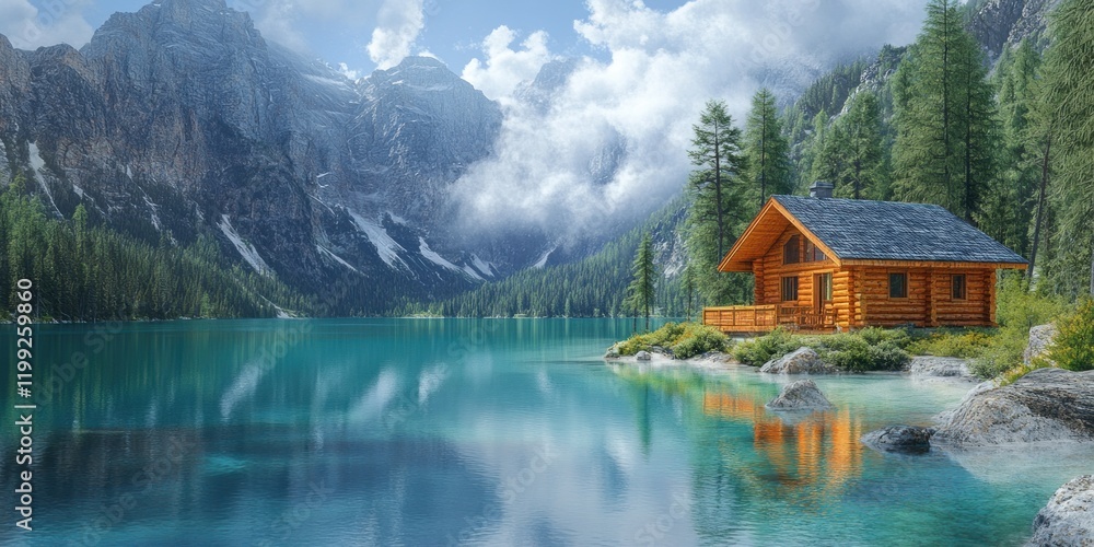 Fototapeta premium Secluded Alpine Log Cabin by a Serene Lake