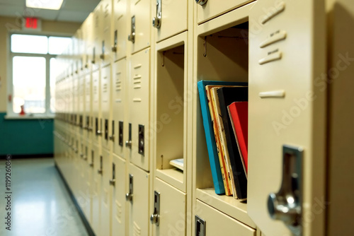 School lockers in a row. One of the lockers is open and there are textbooks in it. The concept of a comprehensive school.