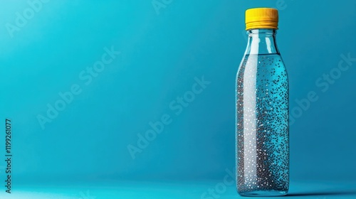 Transparent bottle with sparkling water, bright yellow cap, vibr photo