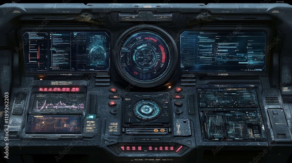 Futuristic Spaceship Cockpit Interface: Advanced Technology and Digital Displays Futuristic Spaceship Cockpit Interface: Advanced Technology and Digital Displays
