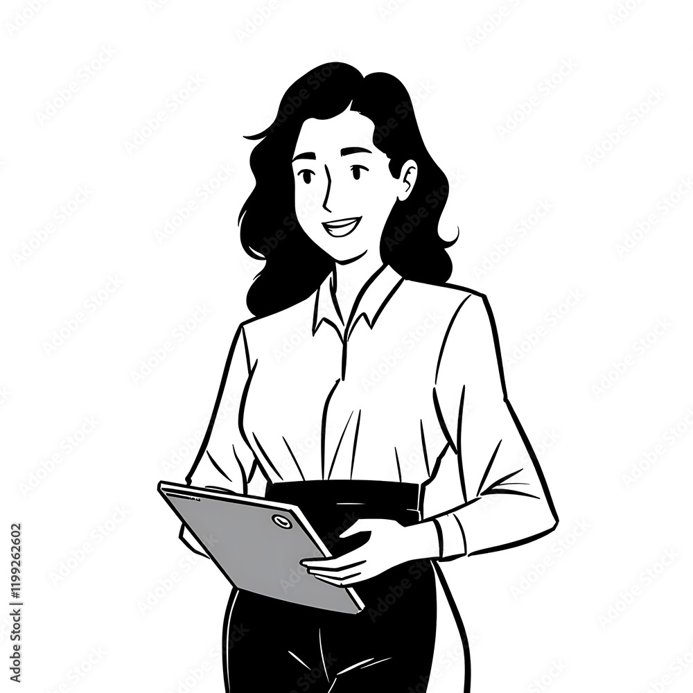 A black-and-white illustration of a woman holding a tablet in a modern office setting. A black-and-white illustration of a woman holding a tablet in a modern office setting.
