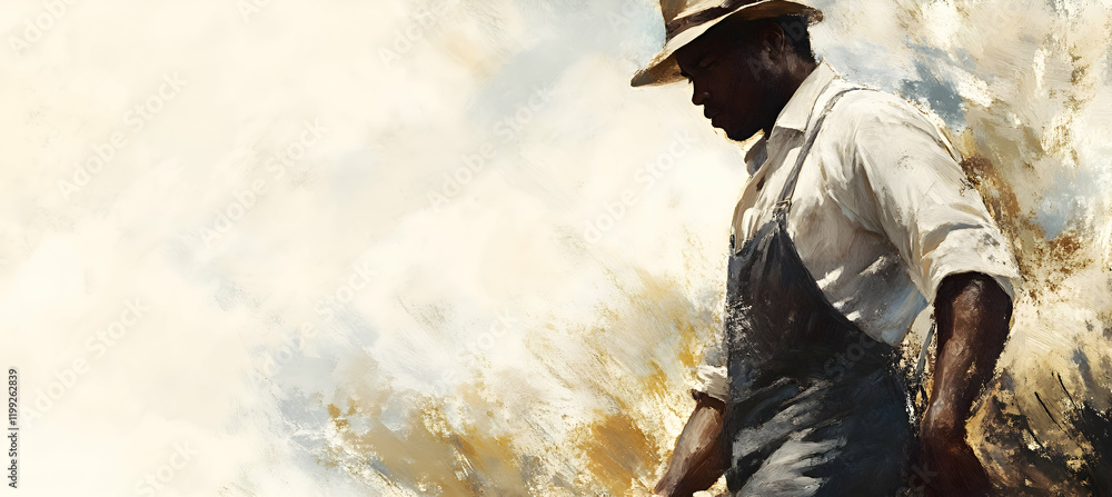 Fototapeta premium A laborer in overalls, light plain background, focused on work