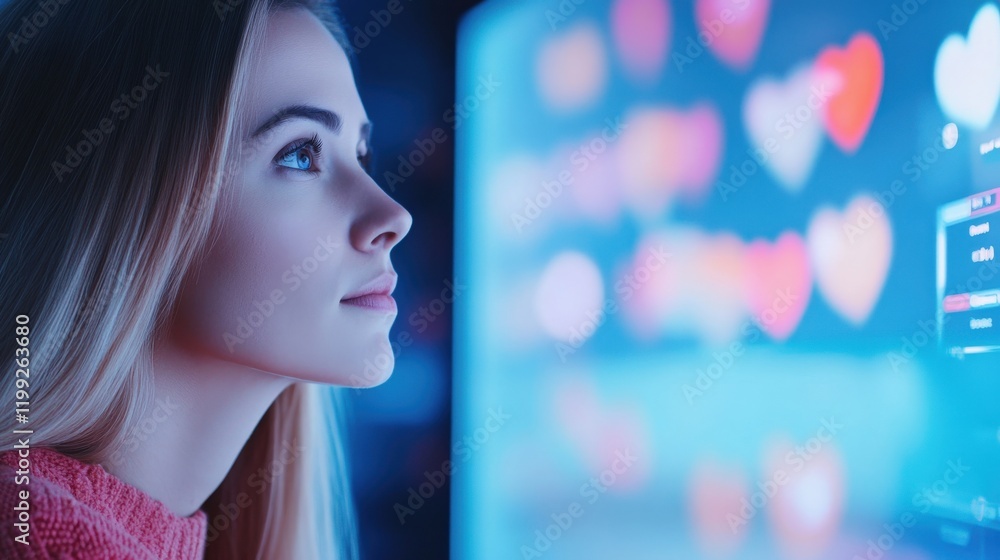 Profile of Young Woman Fascinated by Colorful Heart Shapes on Digital Screen in Modern Technology Environment Profile of Young Woman Fascinated by Colorful Heart Shapes on Digital Screen in Modern Technology Environment