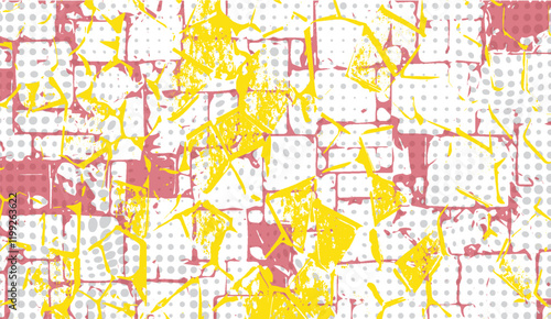 Abstract Mosaic of Shattered Tiles with Bold Yellow Strokes and Subtle Dot Grid Overlay