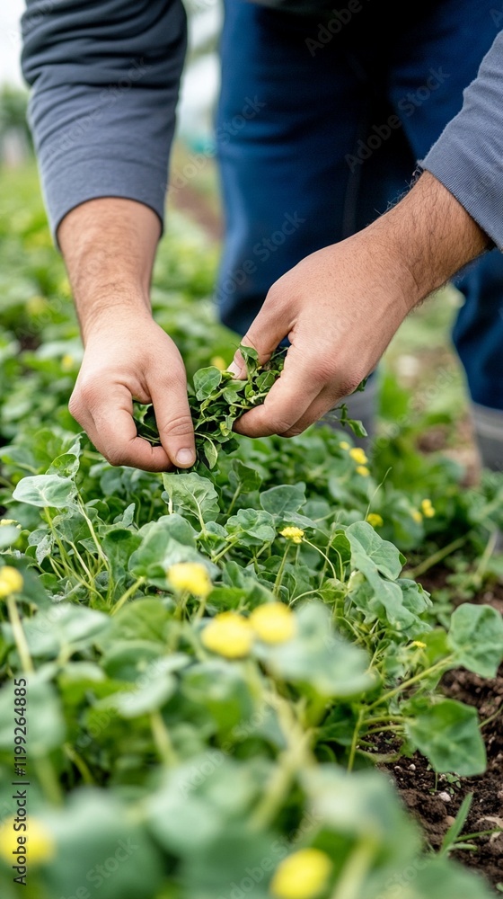 Close-up view of gardener's hands carefully tending to organic vegetable plants in sustainable garden, examining fresh green leaves against rich soil background in spring season. Close-up view of gardener's hands carefully tending to organic vegetable plants in sustainable garden, examining fresh green leaves against rich soil background in spring season.