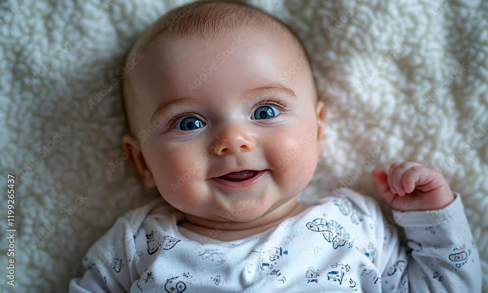 A joyful baby with bright blue eyes smiles on a soft, textured blanket.
