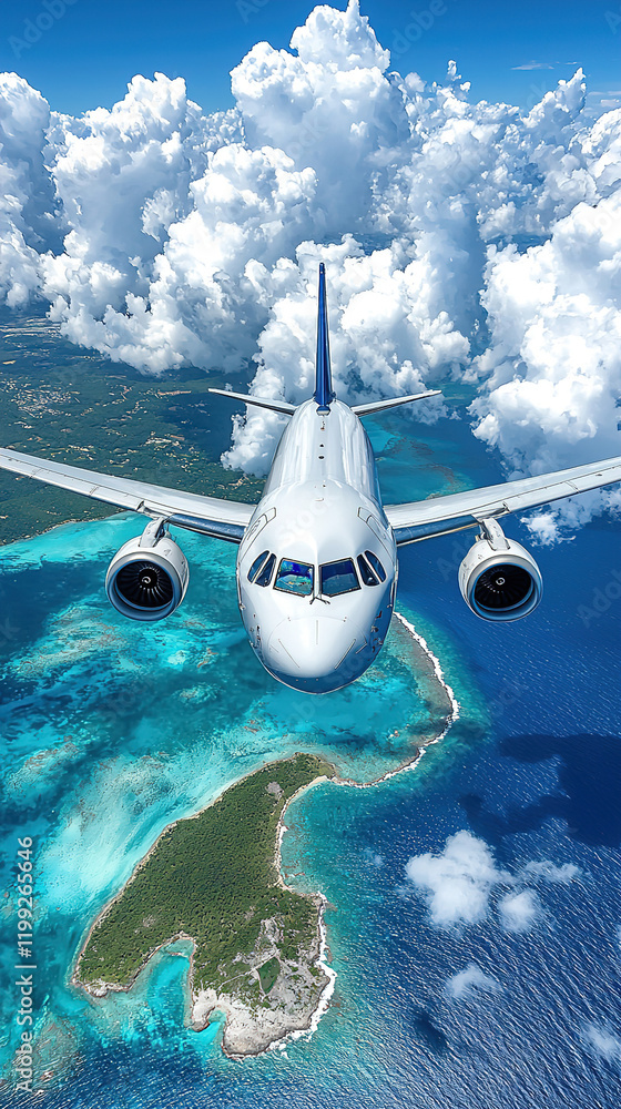 Naklejka premium Airplane flying over turquoise ocean and island with white clouds in the blue sky on a sunny day. Generative AI