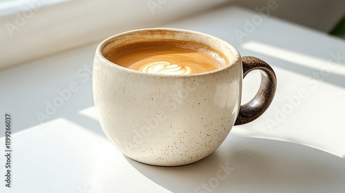 Warm cup of coffee resting on sunny windowsill, inviting serenit photo