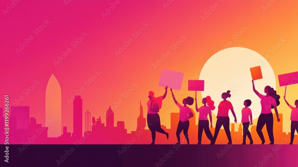 Fototapeta premium Diverse group of activists marching at sunset with protest signs against urban skyline background