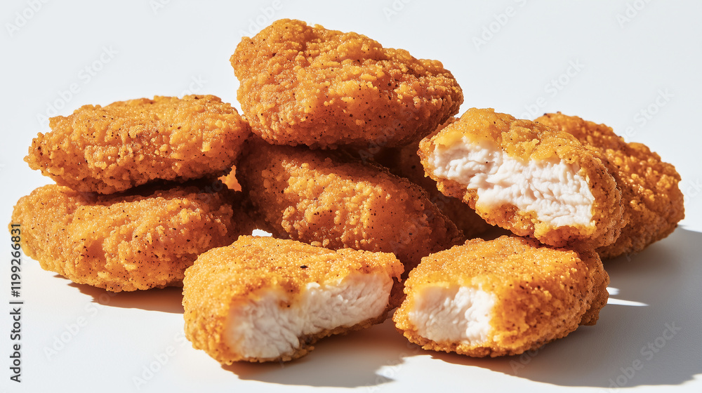 A handful of chicken nuggets, their textures detailed, on a white surface with minimal shadow. A handful of chicken nuggets, their textures detailed, on a white surface with minimal shadow.