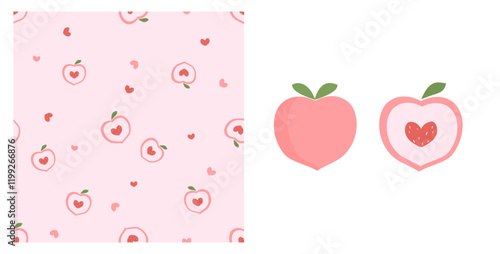 Seamless pattern of peach fruit and heart shape seed on pink background vector. Pink peach vector.