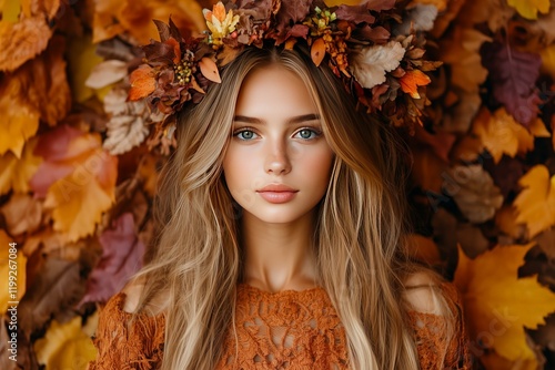 A young woman gazes into the camera, her long blonde hair cascading around her like autumn leaves, adorned with a crown of vibrant fall foliage.