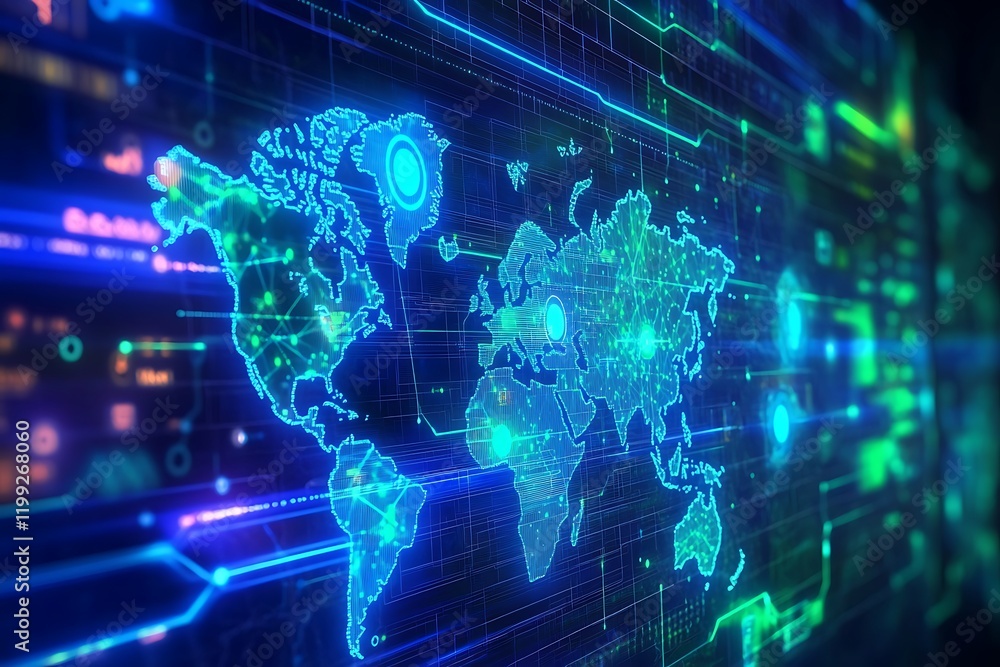 Futuristic Digital World Map with Glowing Nodes Linking Continents, Abstract Background, Best Image for AI-Powered Technology Themes Futuristic Digital World Map with Glowing Nodes Linking Continents, Abstract Background, Best Image for AI-Powered Technology Themes
