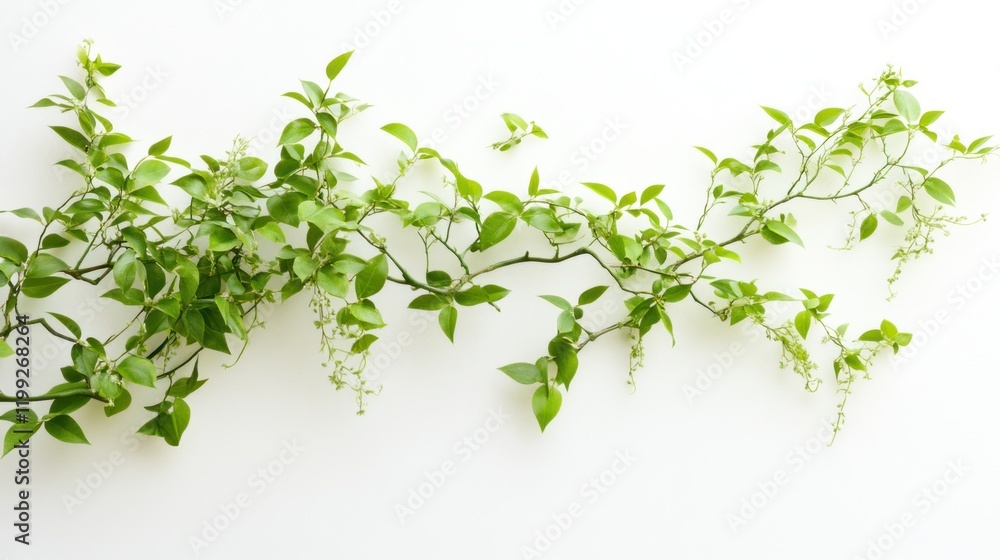 A delicate branch with green leaves and small white flowers against a white background A delicate branch with green leaves and small white flowers against a white background