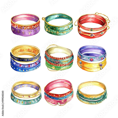 A watercolor vector painting of bangles bracelets sets, adding more charm to jewelry with their variety of colors, isolated on a white background.

