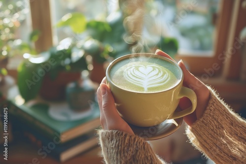 Enjoying a warm cup of matcha latte in a cozy cafe setting photo