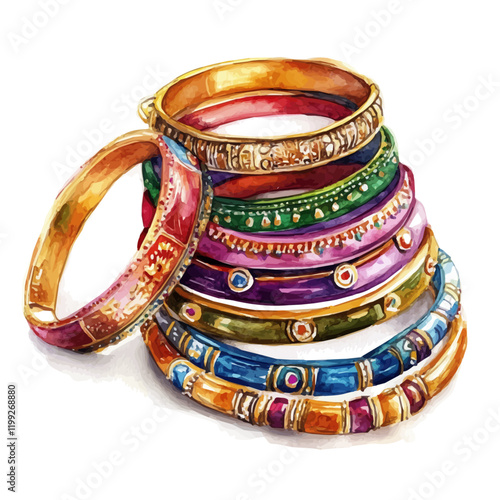 A watercolor vector painting of bangles bracelets design, symbols of Indian culture and artistry, isolated on a white background.

