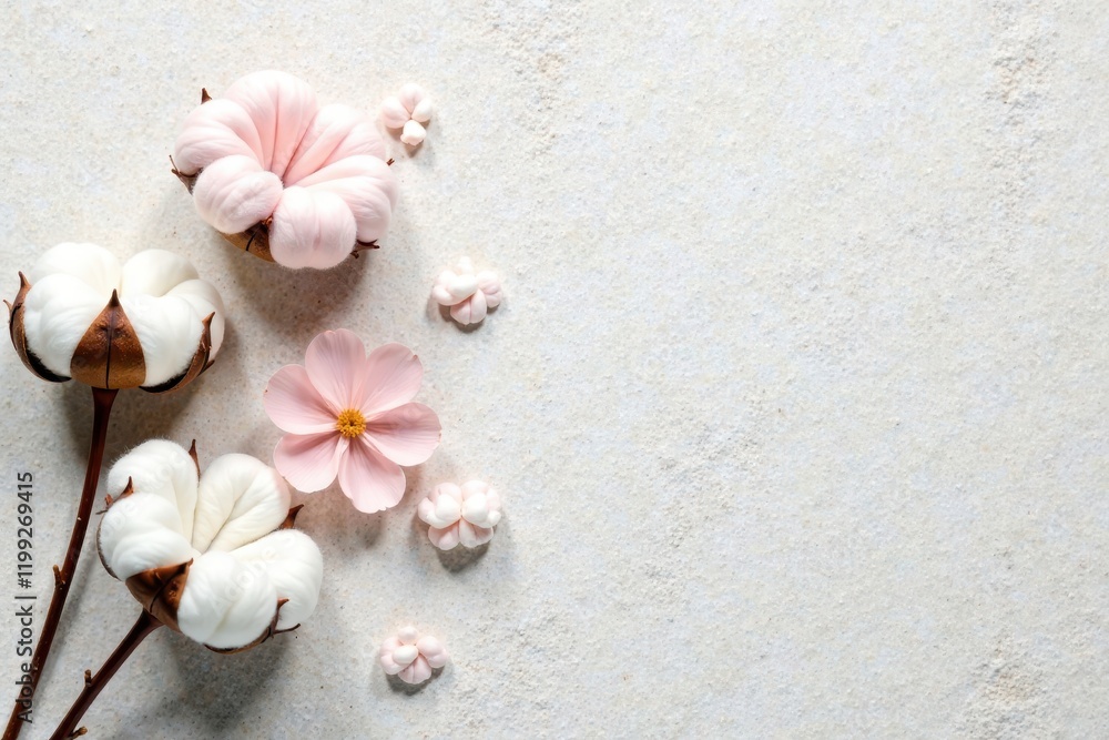 Delicate Cotton Blooms and Pastel Flowers on a Textured Surface Delicate Cotton Blooms and Pastel Flowers on a Textured Surface