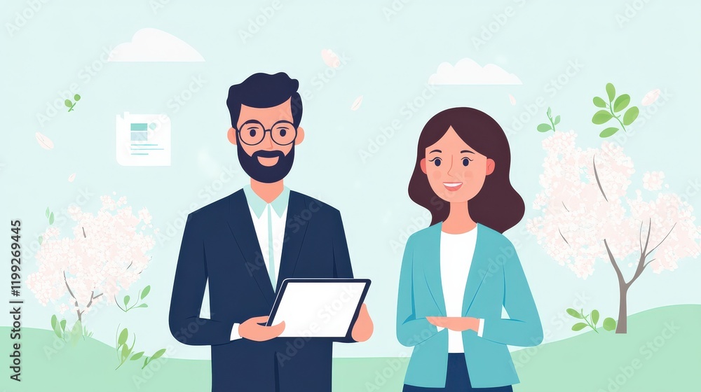 Professional Man and Woman Holding Tablet in a Scenic Outdoor Setting with Blossoming Trees and Greenery Professional Man and Woman Holding Tablet in a Scenic Outdoor Setting with Blossoming Trees and Greenery