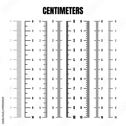 Vertical centimeter scale for measuring length or height. Various measurement scales with divisions. Ruler, tape measure marks, size indicators. Vector illustration
