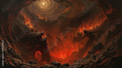 Epic battle scene with monstrous dragons and fleeing figures. Fantasy, mythology, and dark art themes