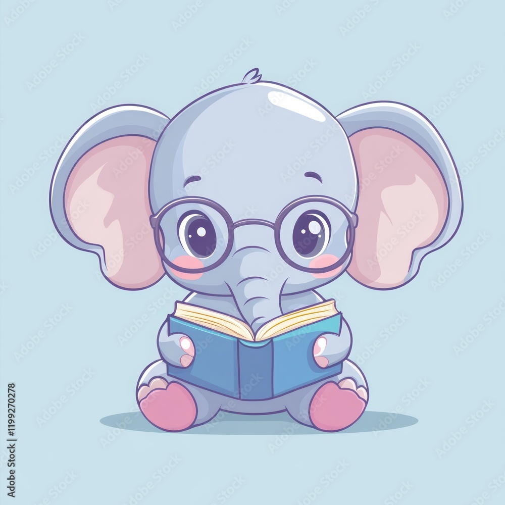 Fototapeta premium Cute elephant reading a book on blue background for children's illustration