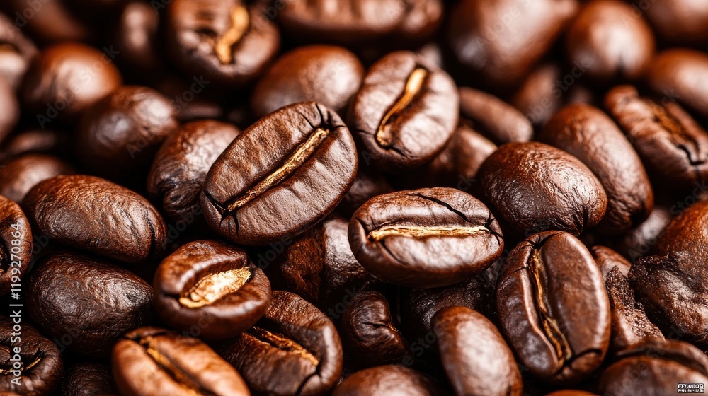 Fototapeta premium Close-up of roasted coffee beans showcasing rich textures and colors, ideal for culinary use
