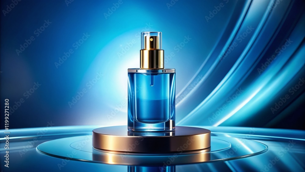 Stylish Cosmetic Bottle Display on Blue Podium - Product Photography