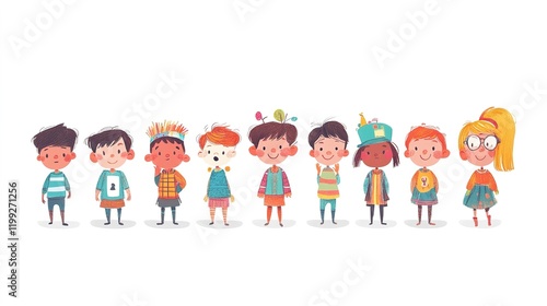 Hand Drawn Funny cute Cartoon Children Linear colorful Separate white background 