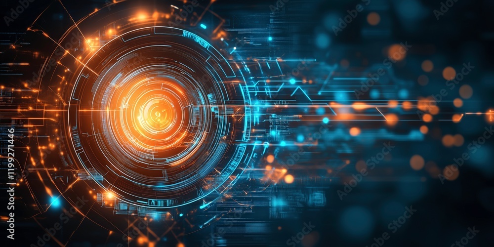 Digital Core: Abstract technological background featuring a glowing circular core with vibrant orange and blue energy streams, symbolizing innovation and technological advancement. Digital Core: Abstract technological background featuring a glowing circular core with vibrant orange and blue energy streams, symbolizing innovation and technological advancement.