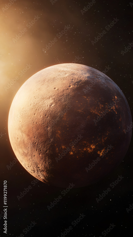 Naklejka premium Mercury planetary surface rotating, sun backlighting starry cosmic backdrop