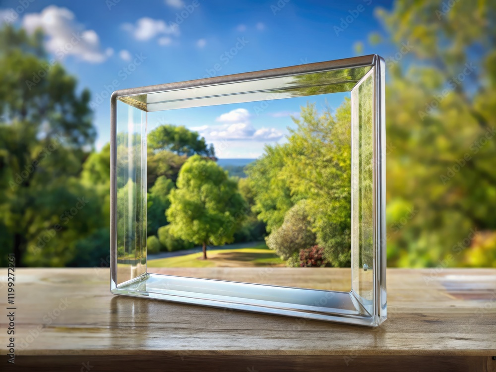 Fototapeta premium Crystal-clear glass showcase mockup. Acrylic and glass textures, realistic light reflections.