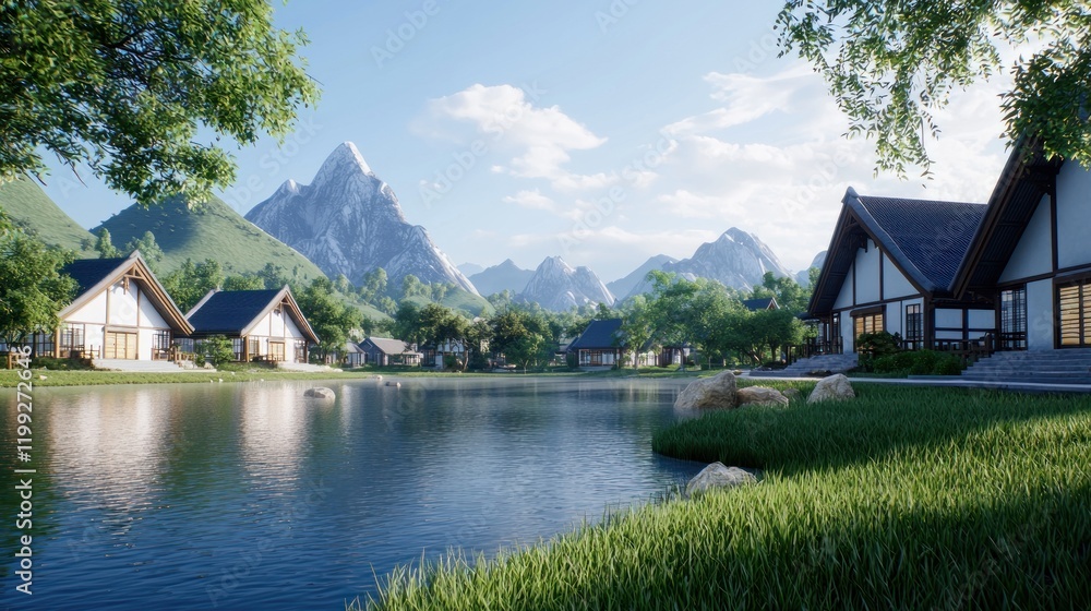Fototapeta premium Tranquil Mountain Village by the Lake