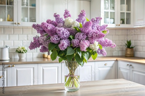 A beautiful bouquet of lilacs on the table. In the background is the interior of a modern white Scandinavian-style kitchen. The concept of home comfort.