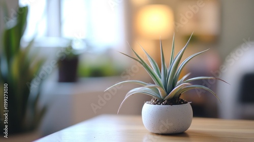 Close-up of a potted air plant on a wooden table with soft blurred background photo