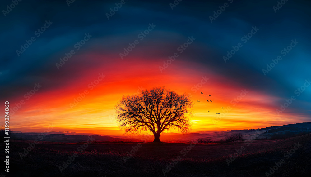 Serene sunset landscape featuring a lone tree silhouetted against a vibrant, fiery sky. Birds fly overhead, adding to the tranquil scene. Serene sunset landscape featuring a lone tree silhouetted against a vibrant, fiery sky. Birds fly overhead, adding to the tranquil scene.