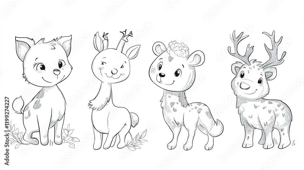 Obraz premium Coloring book Collection of cute wild animals white background 