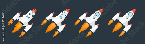 Pixel art rocket with fiery trails, retro games, space-themed designs, apps, or animations. 8-bit style for technology, sci-fi, and futuristic creative projects. Vector illustration