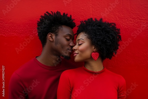 Happy black couple in love celebrating St Valentines day. Red background 
