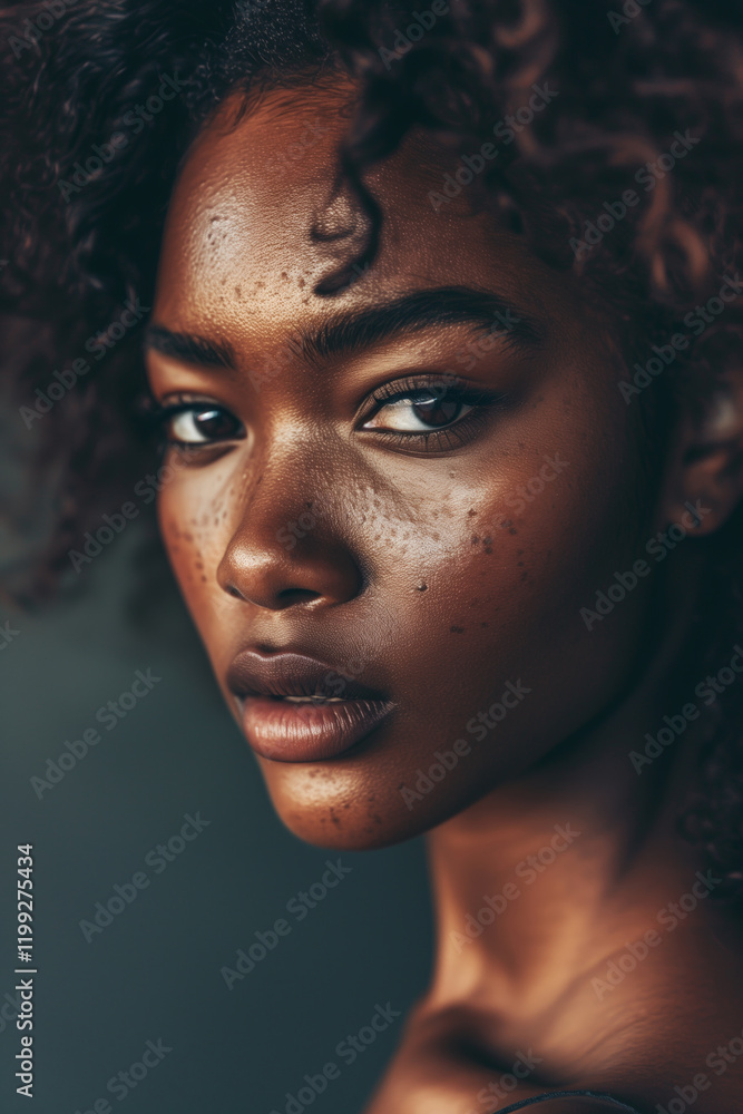 Portrait Black woman with glowing dark skin and freckles in soft lighting Portrait Black woman with glowing dark skin and freckles in soft lighting