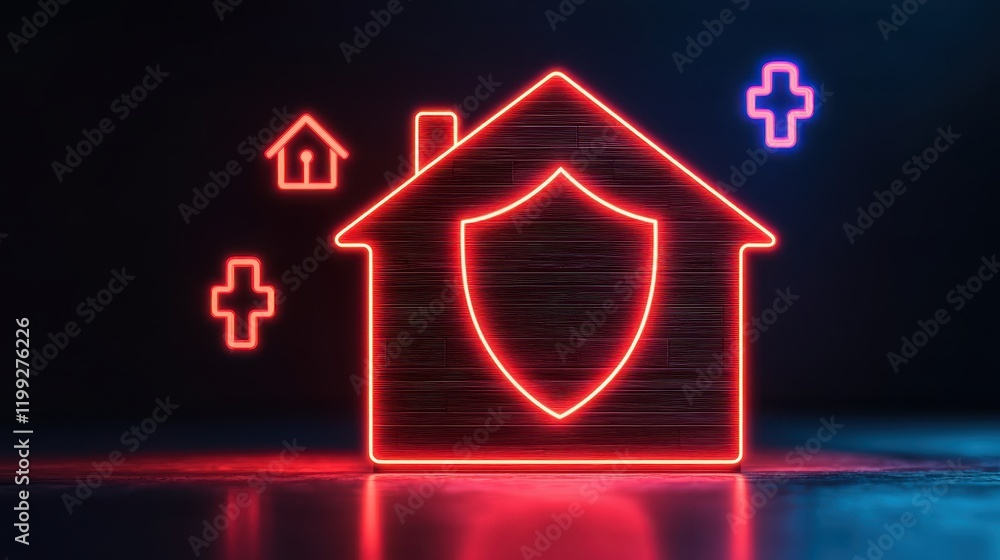 A neon-lit house icon with a shield symbolizes home security and protection, set against a dark backdrop with additional house and plus signs. A neon-lit house icon with a shield symbolizes home security and protection, set against a dark backdrop with additional house and plus signs.