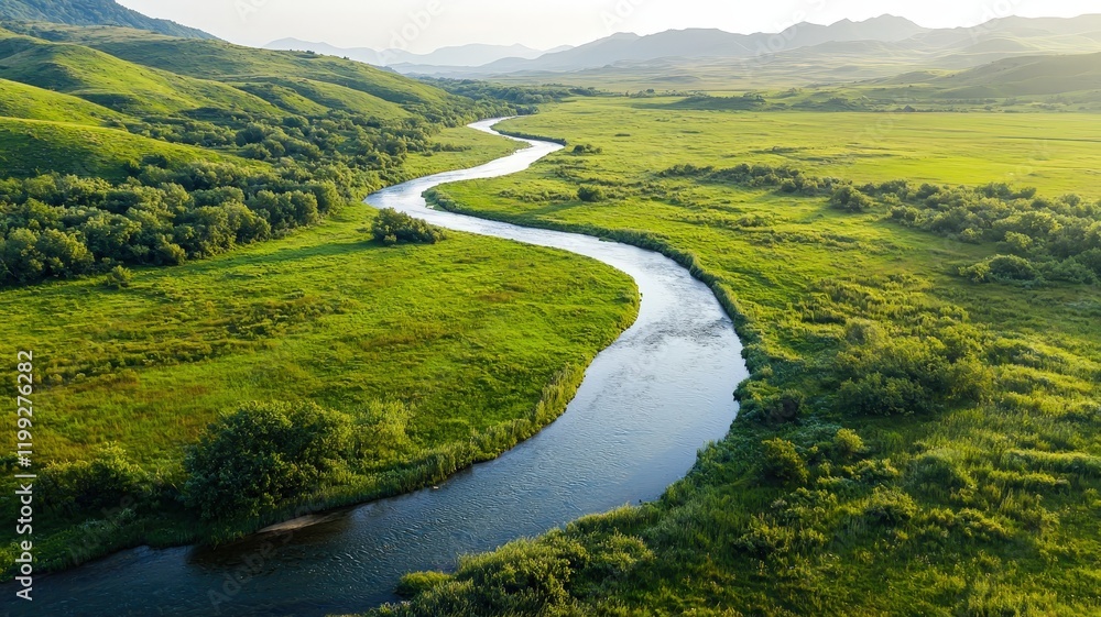 Serene Aerial View of Curving River Flowing Through Lush Green Landscape Under Soft Morning Light Serene Aerial View of Curving River Flowing Through Lush Green Landscape Under Soft Morning Light