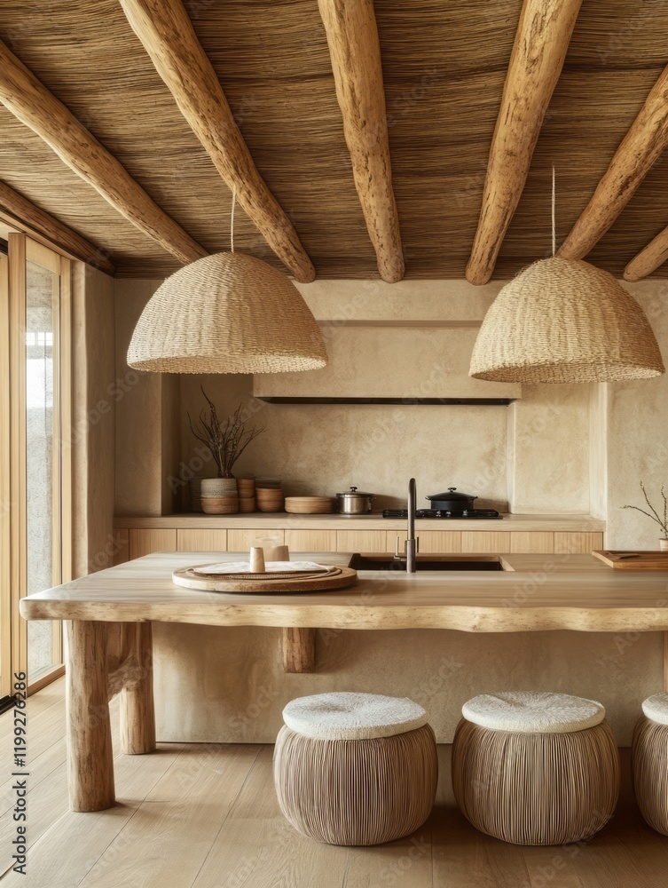 Fototapeta premium Rustic Kitchen Island with Wooden Beams and Woven Lights