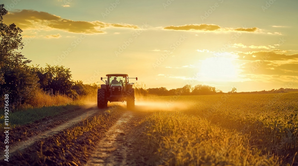 Fototapeta premium Sunset Tractor Ride: Golden Hour Agriculture