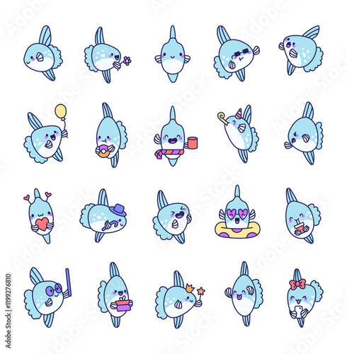 Set of sunfish cartoon characters with kawaii emotions, adorable smiles, marine objects, cheerful themes, expressive animal illustrations for joyful design and creative project ideas
