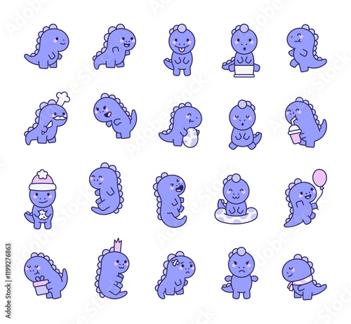 Dinosaur characters set featuring smiling faces, emotions, activities, chef hat, balloon, gift, crown, patch, takeaway cup, egg, swimming pool and poses for creative designs projects